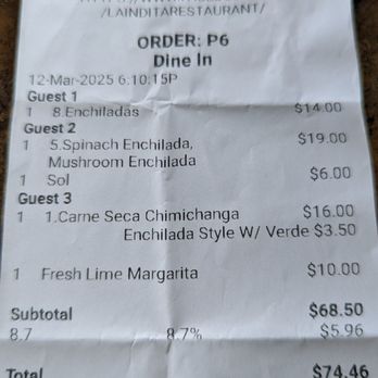 La Indita - $75 - Mar 2025 3 entrees, 1 bottle Sol Beer $6, 1 Margarita $10 Excellent Thick House Chips + Unusual Salsa flavor au gratis - Mexican Near Me - Tucson, Arizona