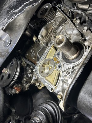 Major Oil Leak - repaired - The customer complained that they were adding oil to engine every other day! i told her to bring it in for a diagnosis. After a complete inspection + removal of timing cover, we found that her oil pump gasket was deteriorating and causing a pretty serious oil leak - which also soaked the timing belt. Since she was right on time to service the timing belt anyways we recommend to replace the oil pump gasket and a timing belt kit with water pump. About 4 hours later, she was back on the road and ready for another solid 110k miles with her trusty Toyota! Major Oil Leak - repaired - The customer complained that they were adding oil to engine every other day! i told her to bring it in for a diagnosis. After a complete inspection + removal of timing cover, we found that her oil pump gasket was deteriorating and causing a pretty serious oil leak - which also soaked the timing belt. Since she was right on time to service the timing belt anyways we recommend to replace the oil pump gasket and a timing belt kit with water pump. About 4 hours later, she was back on the road and ready for another solid 110k miles with her trusty Toyota!