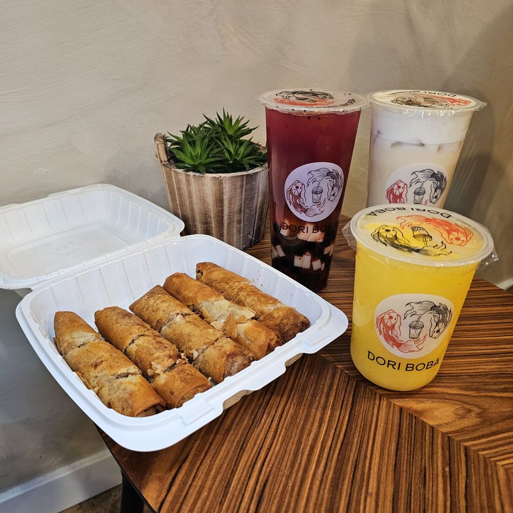 Eggrolls, mango slush, Dragonfruit Kumquat, & roasted coconut jasmine milk tea Eggrolls, mango slush, Dragonfruit Kumquat, & roasted coconut jasmine milk tea