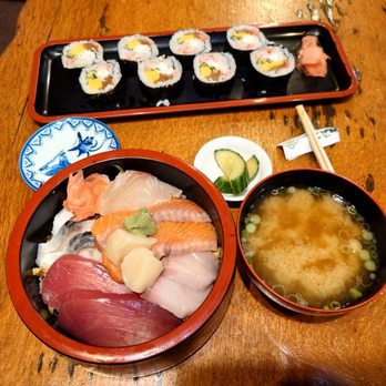 Yamaya Seafood Restaurant - Assorted sashimi dinner (actually chirashi), king crab roll. - Seafood Near Me - Anchorage, Alaska