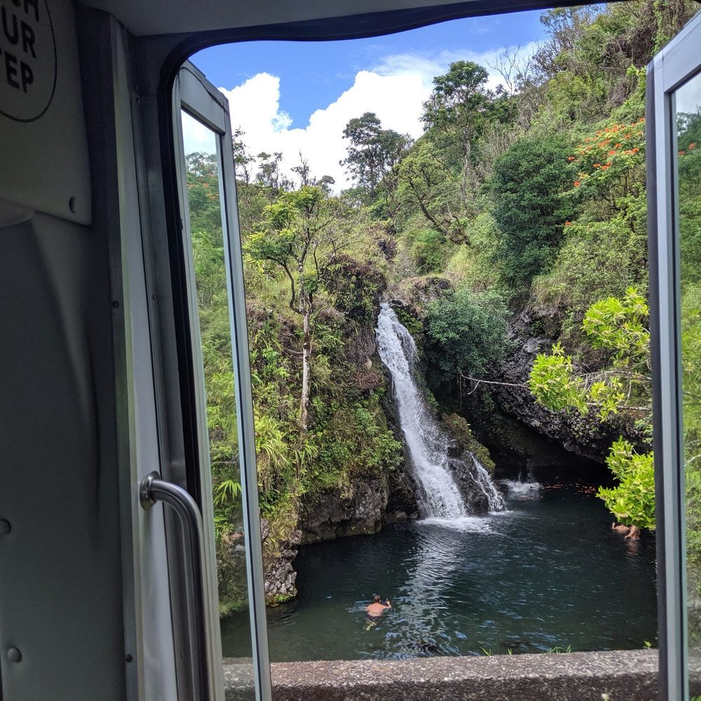 Valley Isle Excursions - View of waterfall from left side of bus - Historical Tours Near Me - Wailuku, Hawaii