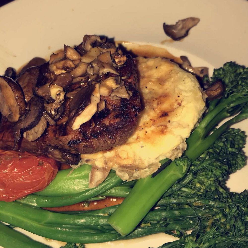 Seasons 52 - Wood grilled filet mignon with roasted mushrooms, broccolini, Yukon mash and red wine sauce. My favorite! - New American Near Me - Columbia, Maryland Seasons 52 - Wood grilled filet mignon with roasted mushrooms, broccolini, Yukon mash and red wine sauce. My favorite! - New American Near Me - Columbia, Maryland
