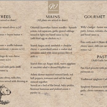 Wilhelmina's - Main menu - Wine Bars Near Me - Balmain, NSW