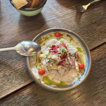 Parche - TUMACO CEVICHE rock cod, coconut milk, red serranos, cilantro-bAsil oil, leche de tigre. Thai basil (df) / 24 - Colombian Near Me - Oakland, California Parche - TUMACO CEVICHE rock cod, coconut milk, red serranos, cilantro-bAsil oil, leche de tigre. Thai basil (df) / 24 - Colombian Near Me - Oakland, California