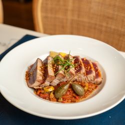 The Beacon - Yellowfin Tuna Veracruz: Tomatoes, Olives, Capers, Calabrian Chili, And Lemon Garlic Basmati Rice
