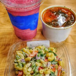 Rollin' Oats Market & Cafe - Vegan Macaroni Salad with Chicken Vegetable Soup. Blue Spriulina Swirl