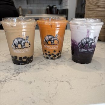 Boba Guys - Left: Hong Kong Milk Tea Middle: Thai Tea Right: Ube Latte - Bubble Tea Near Me - Los Altos, California