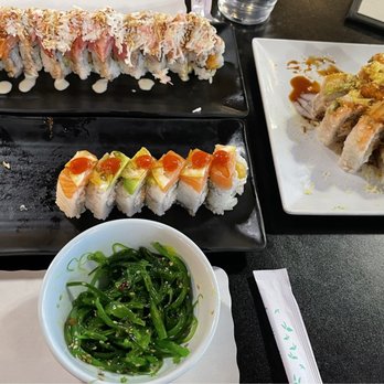 Sakura Sushi & Poke - Clockwise: Seaweed salad, Gardnerville roll, Mountain roll and Marlon's roll. - Seafood Near Me - Gardnerville, Nevada Sakura Sushi & Poke - Clockwise: Seaweed salad, Gardnerville roll, Mountain roll and Marlon's roll. - Seafood Near Me - Gardnerville, Nevada