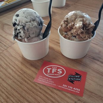 The Filling Station - 2 Scoop Ice Creams - Cookies and Cream & Strawberry (L), Cappucino & Salted Caramel Pretzel (R) - Hot Dogs Near Me - Westwood, New Jersey The Filling Station - 2 Scoop Ice Creams - Cookies and Cream & Strawberry (L), Cappucino & Salted Caramel Pretzel (R) - Hot Dogs Near Me - Westwood, New Jersey