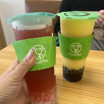 Fourtea - Left: Strawberry Green Tea; Right: Mango Hurricane without Cheesefoam - Coffee & Tea Near Me - Orange, California