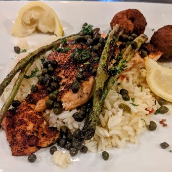 The Fish Market Restaurant - Salmon with lemon asparagus , capers& Greek rice with hush puppies - Seafood Near Me - Hoover, Alabama The Fish Market Restaurant - Salmon with lemon asparagus , capers& Greek rice with hush puppies - Seafood Near Me - Hoover, Alabama