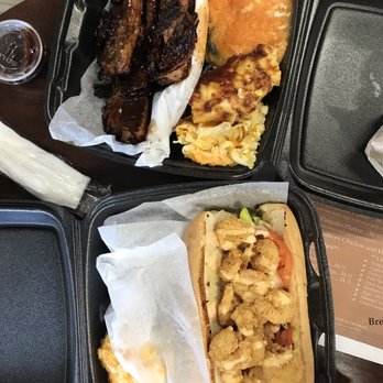 Pinky's Eatery - Pecan Wood Smoked Ribs with mac'n cheese and sweet potato casserole. Shrimp Po'Boy with mac'n cheese. - Southern Near Me - Owings, Maryland Pinky's Eatery - Pecan Wood Smoked Ribs with mac'n cheese and sweet potato casserole. Shrimp Po'Boy with mac'n cheese. - Southern Near Me - Owings, Maryland