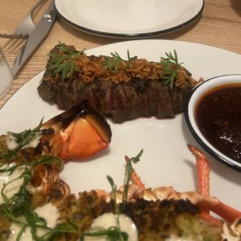Hey Kiddo - Lobster with panko butter and lobster foam, flat iron steak with crispy shallots - New American Near Me - Denver, Colorado