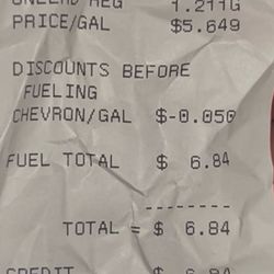 Chevron - 6 bucks for 1 gallon before filling my tank to see if it machine is working right.