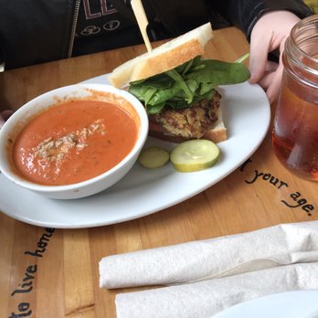 Five Loaves Cafe - Half Crab Cake Pimento Cheese Sandwich with Tomato Tarragon and Crab Soup...and a sweet tea! - Sandwiches Near Me - Summerville, South Carolina Five Loaves Cafe - Half Crab Cake Pimento Cheese Sandwich with Tomato Tarragon and Crab Soup...and a sweet tea! - Sandwiches Near Me - Summerville, South Carolina