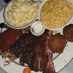 Freedom Hog Shack - 2 meat plate with ribs, pulled pork, creamed corn and mac & cheese.