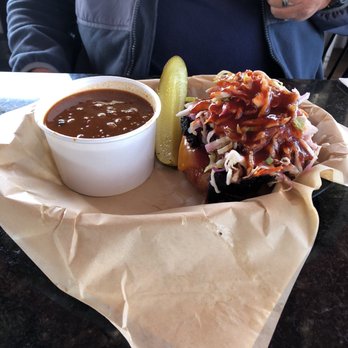 The Q - Beef brisket sandwich and baked beans - Barbeque Near Me - Fort Bragg, California The Q - Beef brisket sandwich and baked beans - Barbeque Near Me - Fort Bragg, California