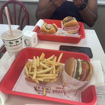 In-N-Out Burger - Regular chocolate shake ($3.00), Fries ($2.30), and Hamburger (no spread, add onions) ($3.60) - Fast Food Near Me - Manteca, California
