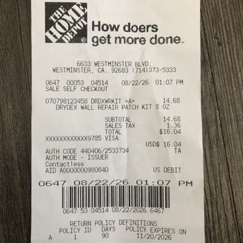 The Home Depot - The receipt for the purchase - Hardware Stores Near Me - Westminster, California The Home Depot - The receipt for the purchase - Hardware Stores Near Me - Westminster, California