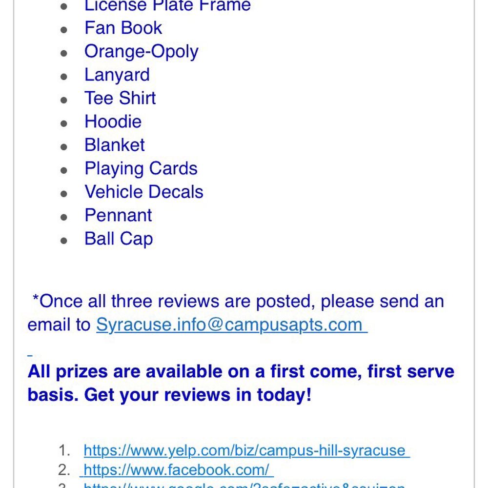 Campus Hill is encouraging student renters to write reviews in exchange for a chance at SU gear. This seems like a very shady practice. Campus Hill is encouraging student renters to write reviews in exchange for a chance at SU gear. This seems like a very shady practice.