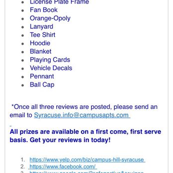 Campus Hill - Syracuse - Campus Hill is encouraging student renters to write reviews in exchange for a chance at SU gear. This seems like a very shady practice. - Apartments Near Me - Syracuse, New York