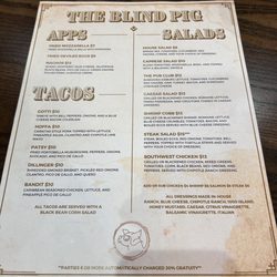 The Blind Pig Pub - Menu