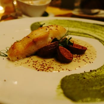 Odd Duck - Pan Seared Halibut, Crispy Fingerling Potato, Aleppo Chili, Potato Velouté, Parsley Mustard Purée, Pea Shoots - New American Near Me - Milwaukee, Wisconsin Odd Duck - Pan Seared Halibut, Crispy Fingerling Potato, Aleppo Chili, Potato Velouté, Parsley Mustard Purée, Pea Shoots - New American Near Me - Milwaukee, Wisconsin