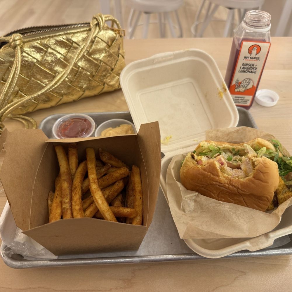 Grilled Murga Sandwich, Masala Fries, Murga Sauce, Ginger Lavender Lemonade