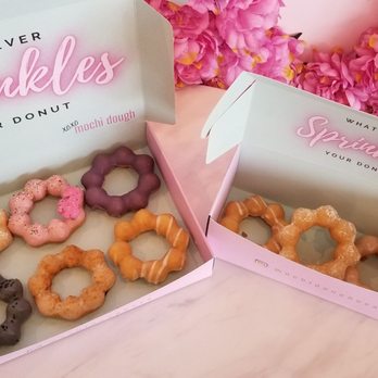Mochi Dough - Left box: 6 pack (L-R) funnel, animal, taro, black sesame, creme brulee, mango  Right box: 3 pack (L-R) mango, funnel, glazed - Donuts Near Me - Sacramento, California