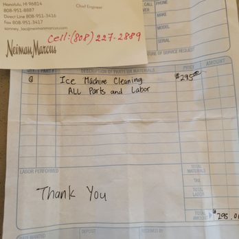Neiman Marcus - business card and receipt, "ice machine cleaning All parts" - Women's Clothing Near Me - Honolulu, Hawaii Neiman Marcus - business card and receipt, "ice machine cleaning All parts" - Women's Clothing Near Me - Honolulu, Hawaii