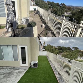 Better Green Scapes - Before and after comparison. Artificial turf with river rock border. - Artificial Turf Near Me