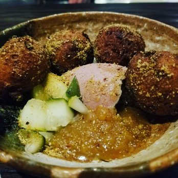Roister - Hushpuppies with chicken liver patè, peach jam, and pickles - New American Near Me - Chicago, Illinois