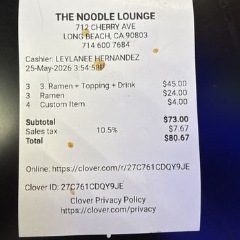 The Noodle Lounge - Receipt. $8 for a ramen. Is crazy!? Stick to the combo. - Ramen Near Me - Long Beach, California