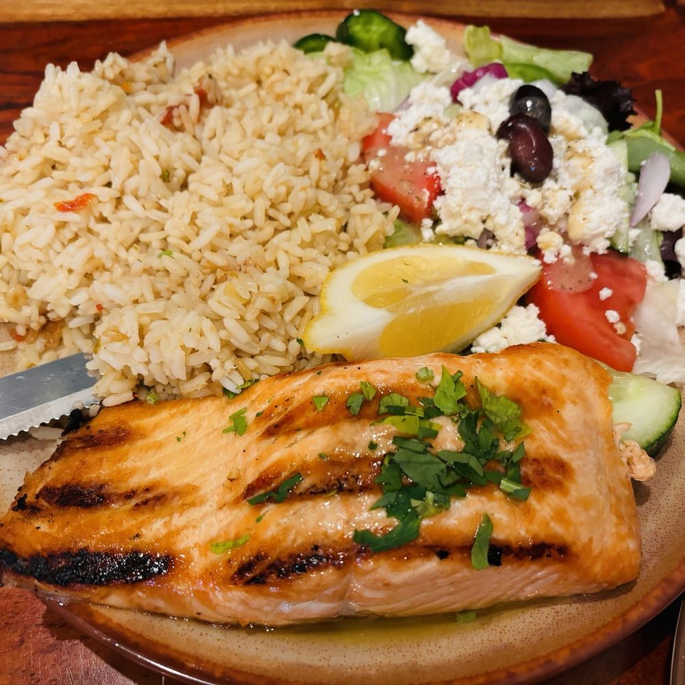 Kouzina - Blackened salmon Greek salad and rice - Venues & Event Spaces Near Me - Peabody, Massachusetts Kouzina - Blackened salmon Greek salad and rice - Venues & Event Spaces Near Me - Peabody, Massachusetts