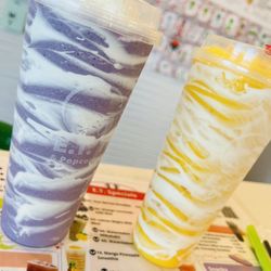 E T Tea & Popcorn Chicken - Taro smoothie & mango pineapple smoothie