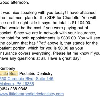 Little Bear Pediatric Dentistry - An email from the receptionist confirming the treatment was covered. - Pediatric Dentists Near Me - Malvern, Pennsylvania Little Bear Pediatric Dentistry - An email from the receptionist confirming the treatment was covered. - Pediatric Dentists Near Me - Malvern, Pennsylvania