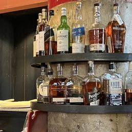 bottles of liquor lined up on shelves