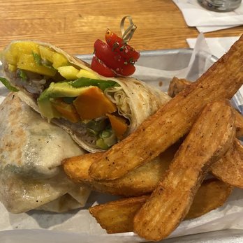 Montego Bay Grille - Jerk Chicken Wrap (minus chicken) Grilled veggies, jerk sauce, mangoes, beans and rice and potato wedges and that jerk sauce! So good! - Caribbean Near Me - Hobart, Indiana Montego Bay Grille - Jerk Chicken Wrap (minus chicken) Grilled veggies, jerk sauce, mangoes, beans and rice and potato wedges and that jerk sauce! So good! - Caribbean Near Me - Hobart, Indiana