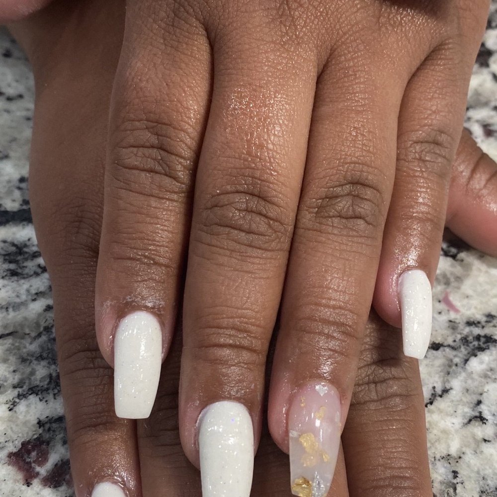Billion Nail Bar - I got a mid length coffin in white and a detail finger glossy clear with silver and gold leaf layered in. - Nail Salons Near Me - Bedford, Texas