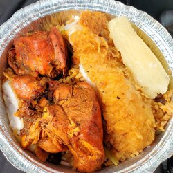 Bueno Deli - Fried cod, stewed chicken, and a little yucca, over rice and beans. Very good.