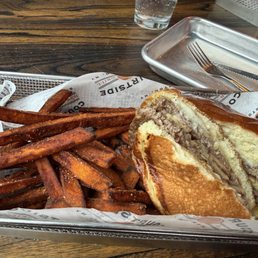 Mushroom Swiss Burger with sweet potato fries