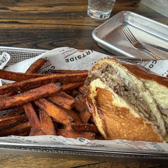 Courtside Bar & Grill - Mushroom Swiss Burger with sweet potato fries - Sports Bars Near Me - Binghamton, New York Courtside Bar & Grill - Mushroom Swiss Burger with sweet potato fries - Sports Bars Near Me - Binghamton, New York