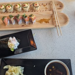 Baja, jalapeno roll. Shrimp tempura hand roll.