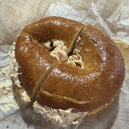 Rosemary salt bagel with veggie cream cheese Rosemary salt bagel with veggie cream cheese