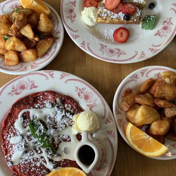 Plain Jane - Bottom: red velvet pancake Top: cannoli pancake Sides: crispy potatoes - Breakfast & Brunch Near Me - San Francisco, California Plain Jane - Bottom: red velvet pancake Top: cannoli pancake Sides: crispy potatoes - Breakfast & Brunch Near Me - San Francisco, California