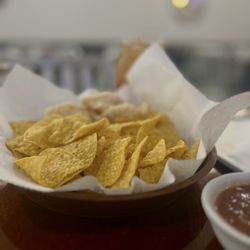 Las Marias Traditional Mexican Cuisine - Chips and pork rinds with salsa.