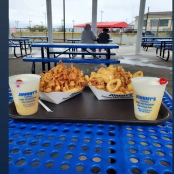 Johnny's Reef Restaurant - Fried calamari + fries, fried clams + fries, and 2 henny coladas. - Seafood Near Me - Bronx, New York Johnny's Reef Restaurant - Fried calamari + fries, fried clams + fries, and 2 henny coladas. - Seafood Near Me - Bronx, New York