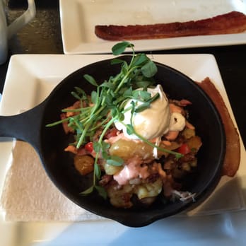 Skillet - Burnt ends hash and a side of steak bacon. - New American Near Me - Columbus, Ohio Skillet - Burnt ends hash and a side of steak bacon. - New American Near Me - Columbus, Ohio