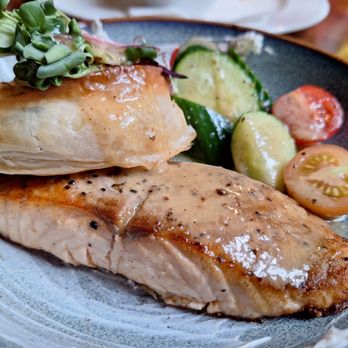 Mount Burgess Dining Room - Close-up of salmon filet and potato and spinach tart! - Italian Near Me - Field, British Columbia