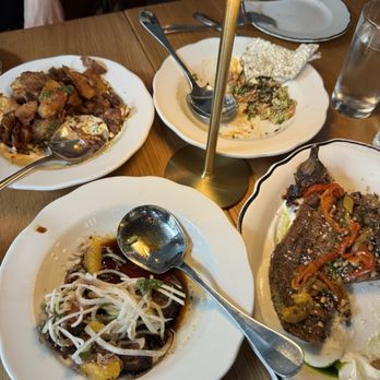Hey Babe - Small Shares: Top left - crispy potatoes  Top right - salmon tartare  Bottom left - five-spiced pork belly Bottom right - crispy eggplant - Cocktail Bars Near Me - Pittsburgh, Pennsylvania
